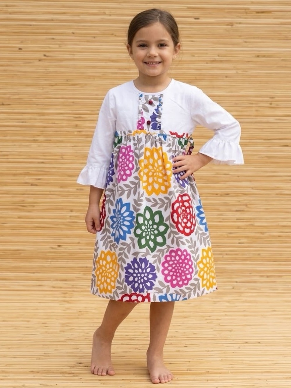 Le za me Floral Kids Dress - White with Multicolor Flowers